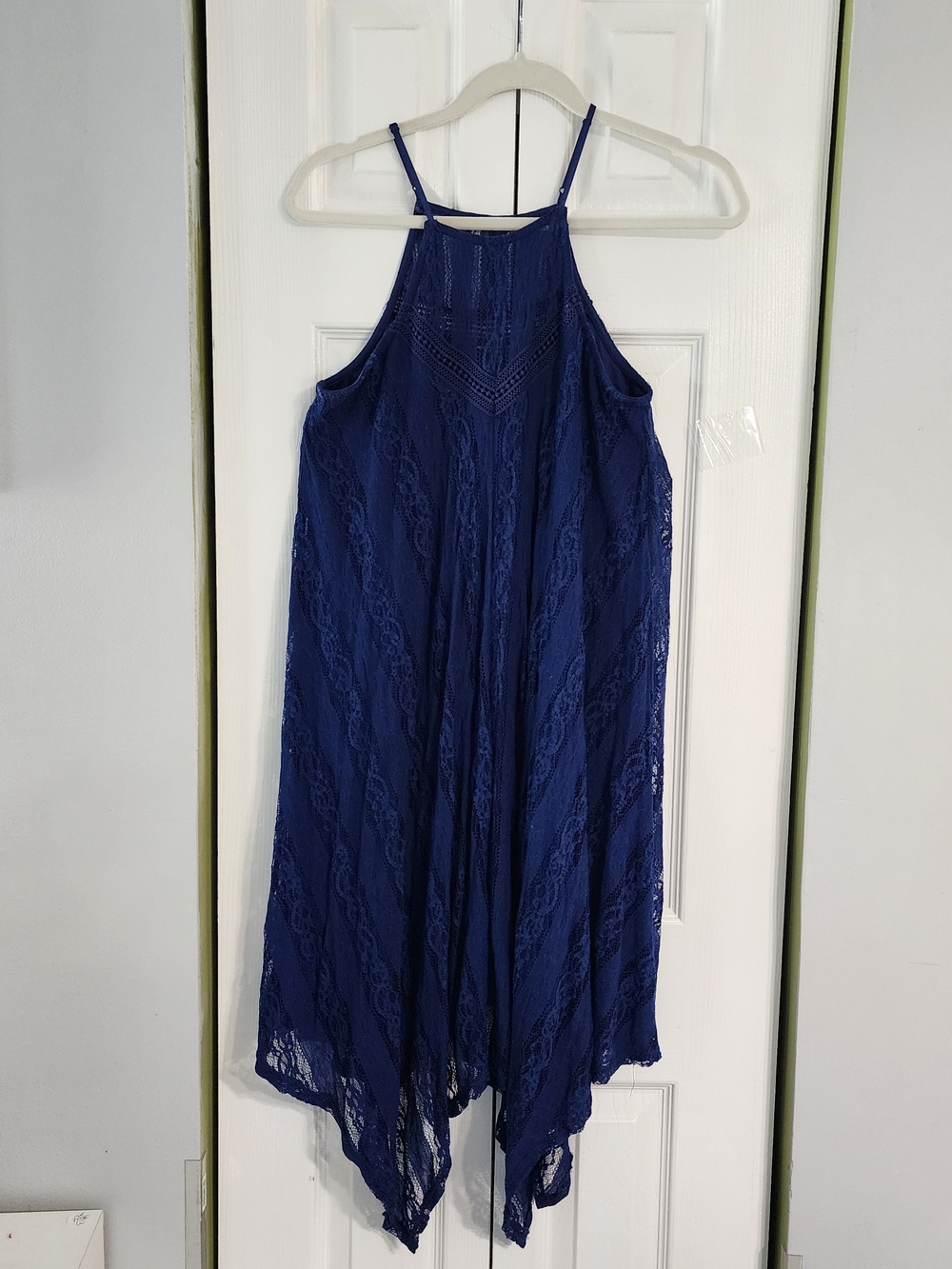 Blue Lace Halter Dress With Hankerchief Hem Size M Crocchet Lace